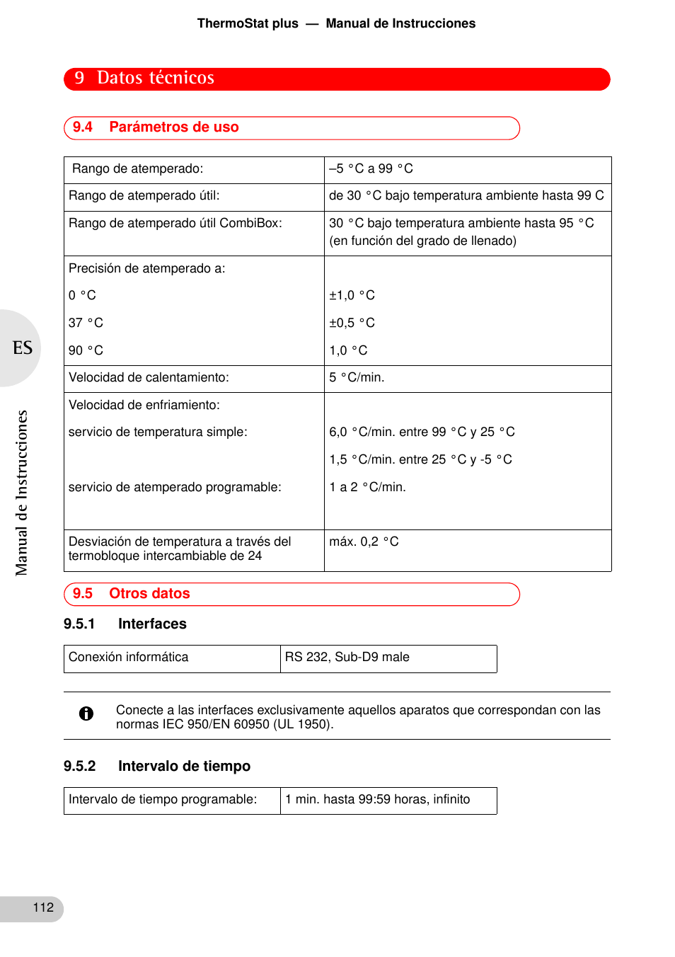 4 parámetros de uso, 5 otros datos, 1 interfaces | 2 intervalo de tiempo, 4 parámetros de uso 9.5 otros datos, 1 interfaces 9.5.2 intervalo de tiempo, 9 datos técnicos | Eppendorf ThermoStat plus User Manual | Page 26 / 33