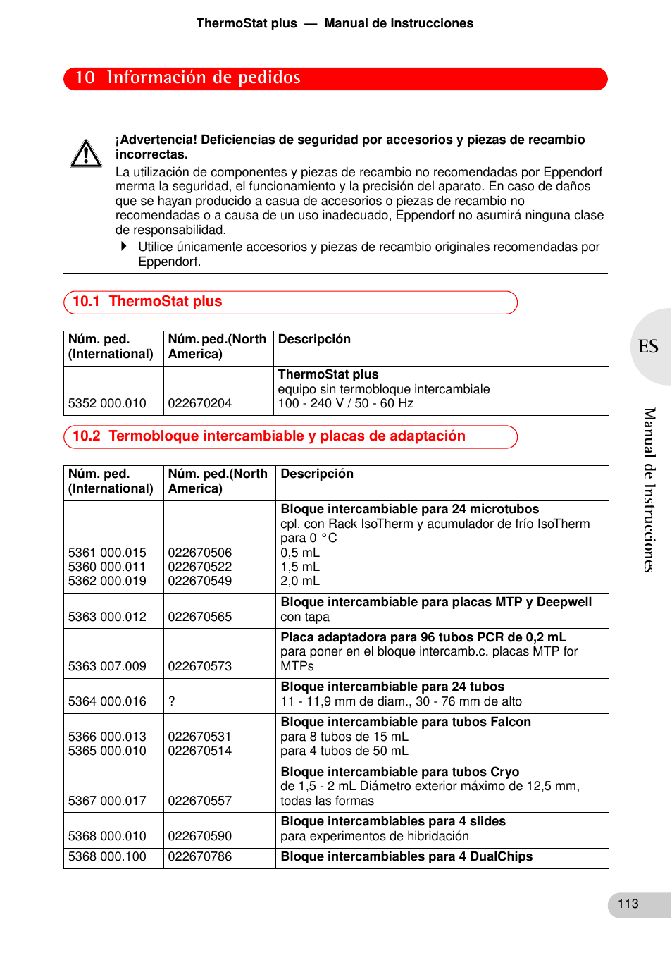 Información de pedidos, 1 thermostat plus, 10 información de pedidos | Eppendorf ThermoStat plus User Manual | Page 27 / 33