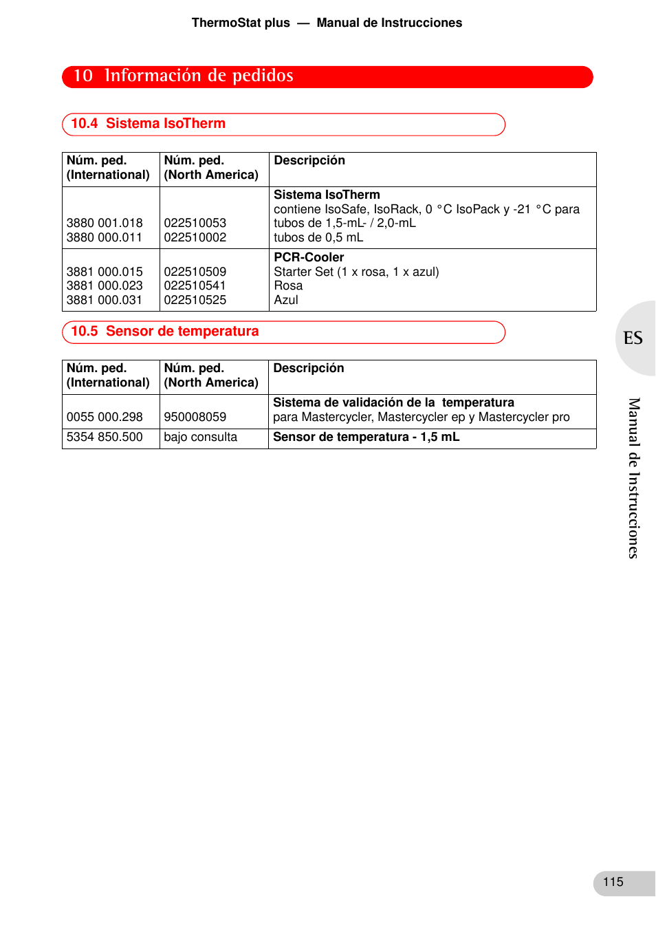 4 sistema isotherm, 5 sensor de temperatura, 4 sistema isotherm 10.5 sensor de temperatura | 10 información de pedidos | Eppendorf ThermoStat plus User Manual | Page 29 / 33