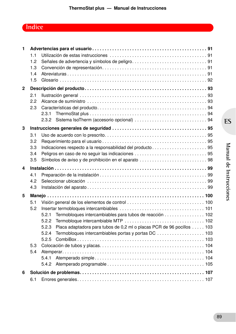 Manual de instrucciones, Índice | Eppendorf ThermoStat plus User Manual | Page 3 / 33