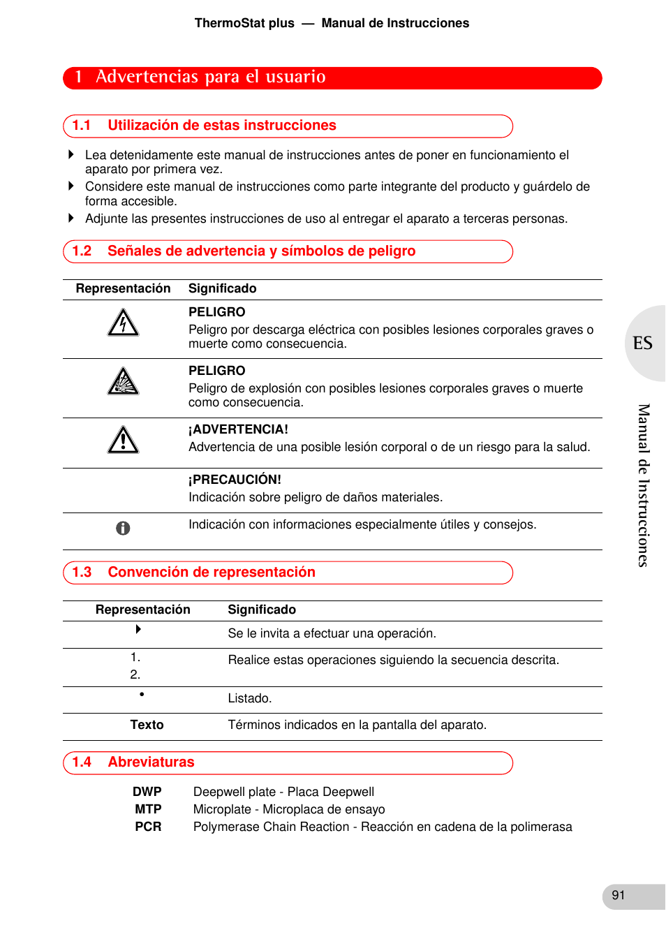 Advertencias para el usuario, 1 utilización de estas instrucciones, 2 señales de advertencia y símbolos de peligro | 3 convención de representación, 4 abreviaturas, 1 advertencias para el usuario | Eppendorf ThermoStat plus User Manual | Page 5 / 33