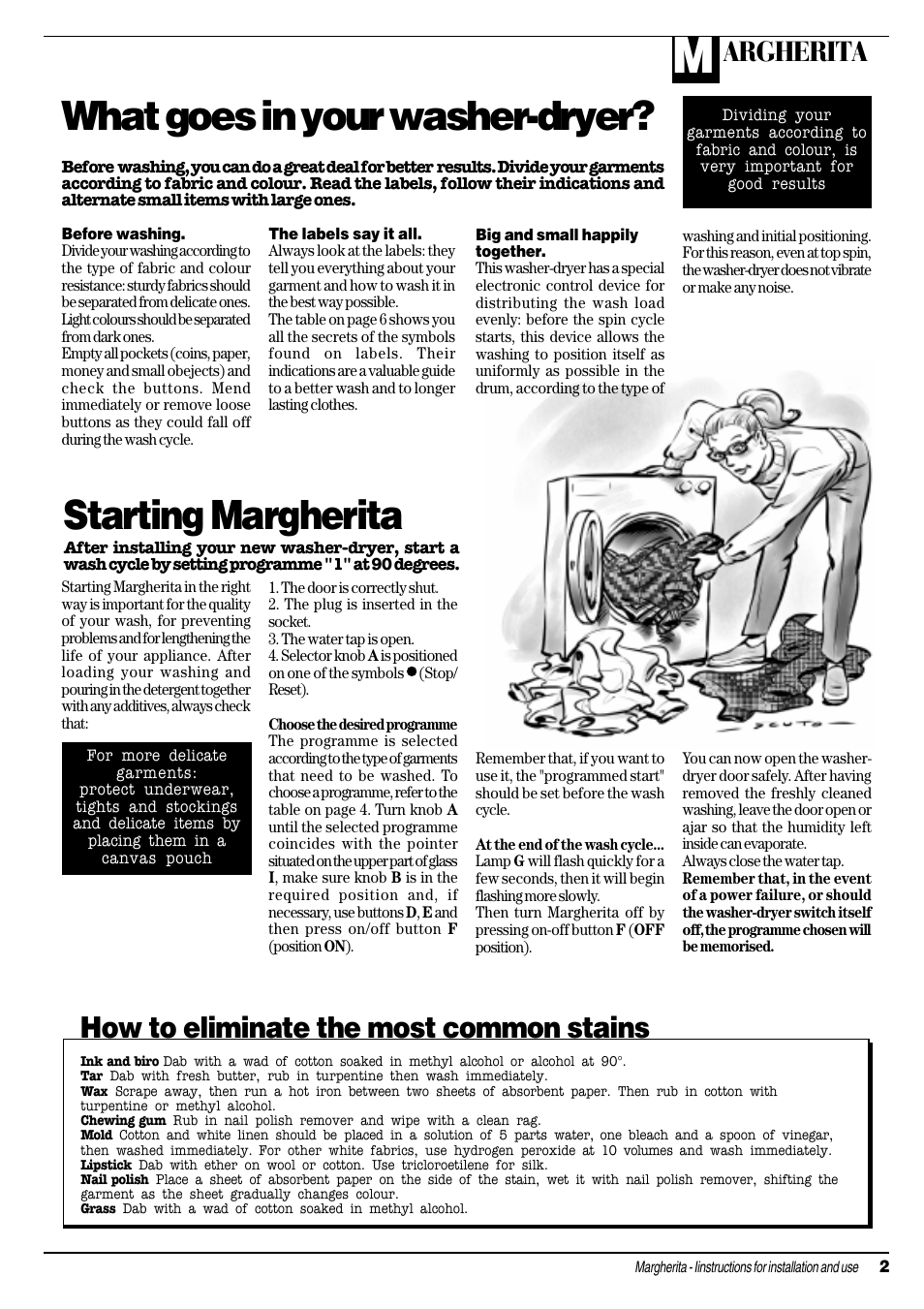 What goes in your washer-dryer, Starting margherita, How to eliminate the most common stains | Argherita | Ariston MARGHERITA AWD 10 User Manual | Page 3 / 20