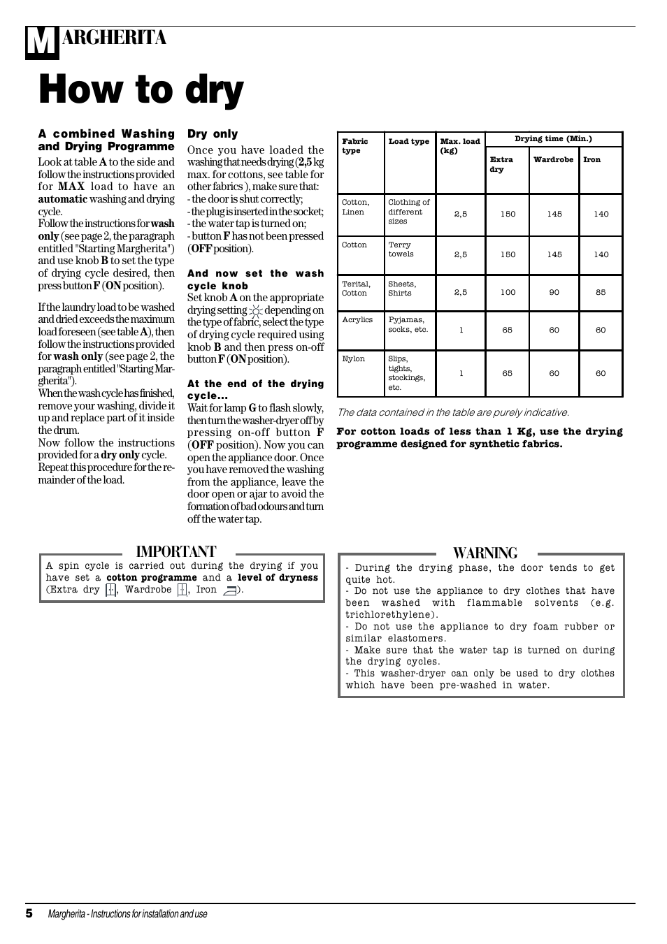 How to dry, Argherita, Warning | Important | Ariston MARGHERITA AWD 10 User Manual | Page 6 / 20