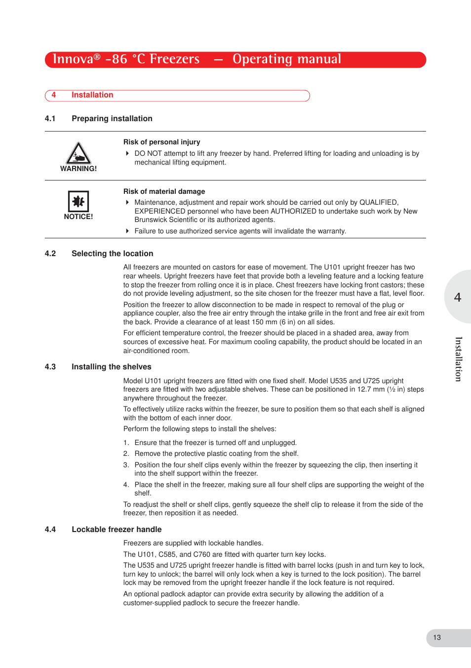 Innova® -86 °c freezers — operating manual, Installation | Eppendorf New Brunswick -86 °C Freezers Innova User Manual | Page 13 / 44