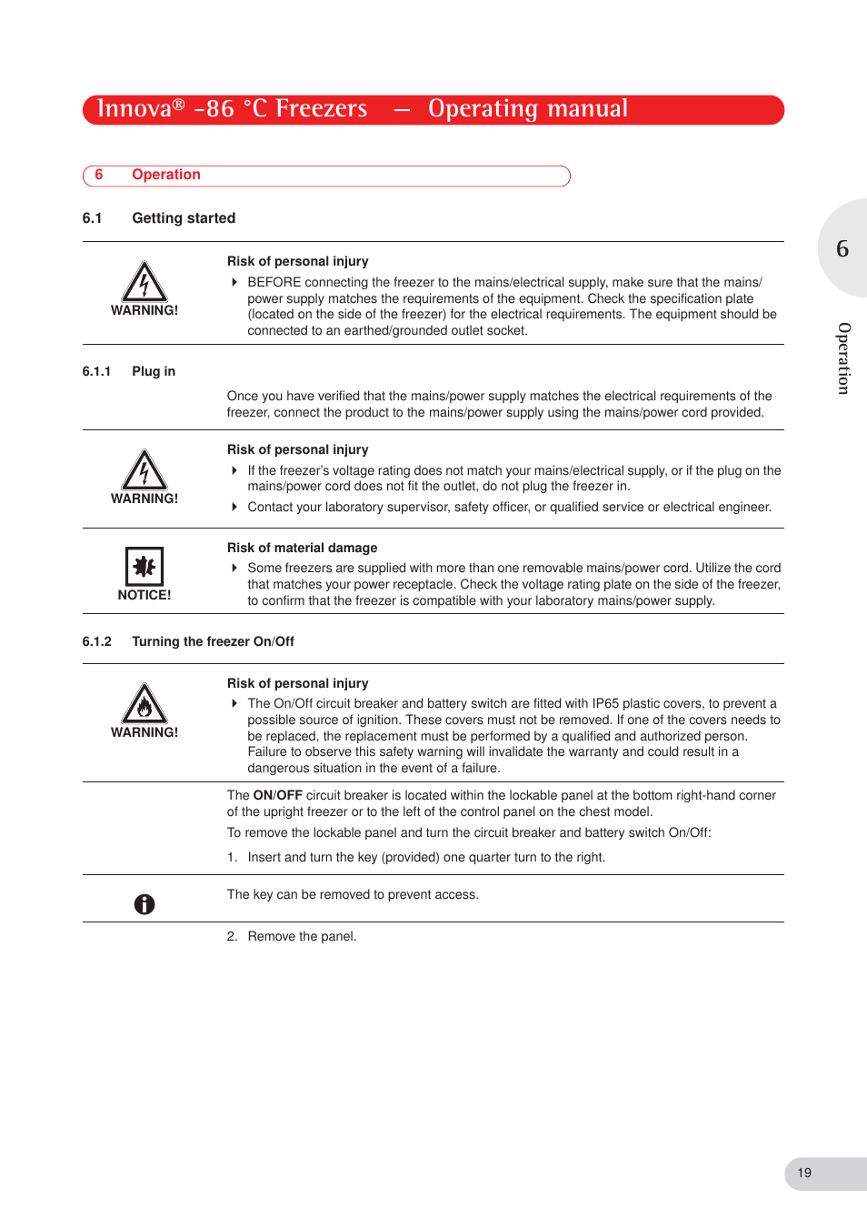 Innova® -86 °c freezers — operating manual, Oper ation | Eppendorf New Brunswick -86 °C Freezers Innova User Manual | Page 19 / 44
