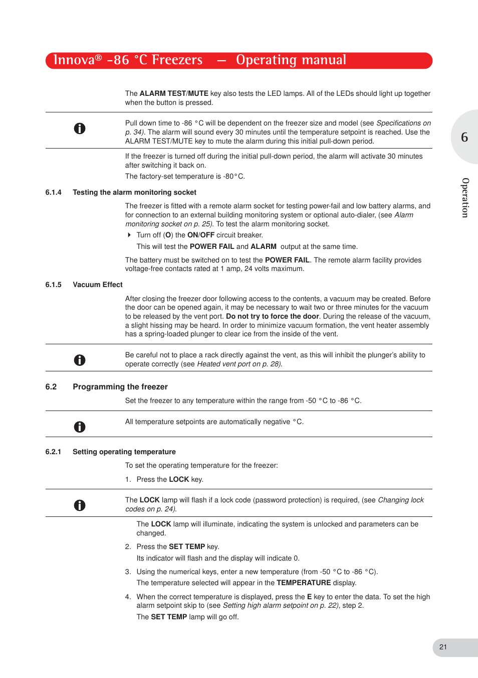 Innova® -86 °c freezers — operating manual, Oper ation | Eppendorf New Brunswick -86 °C Freezers Innova User Manual | Page 21 / 44