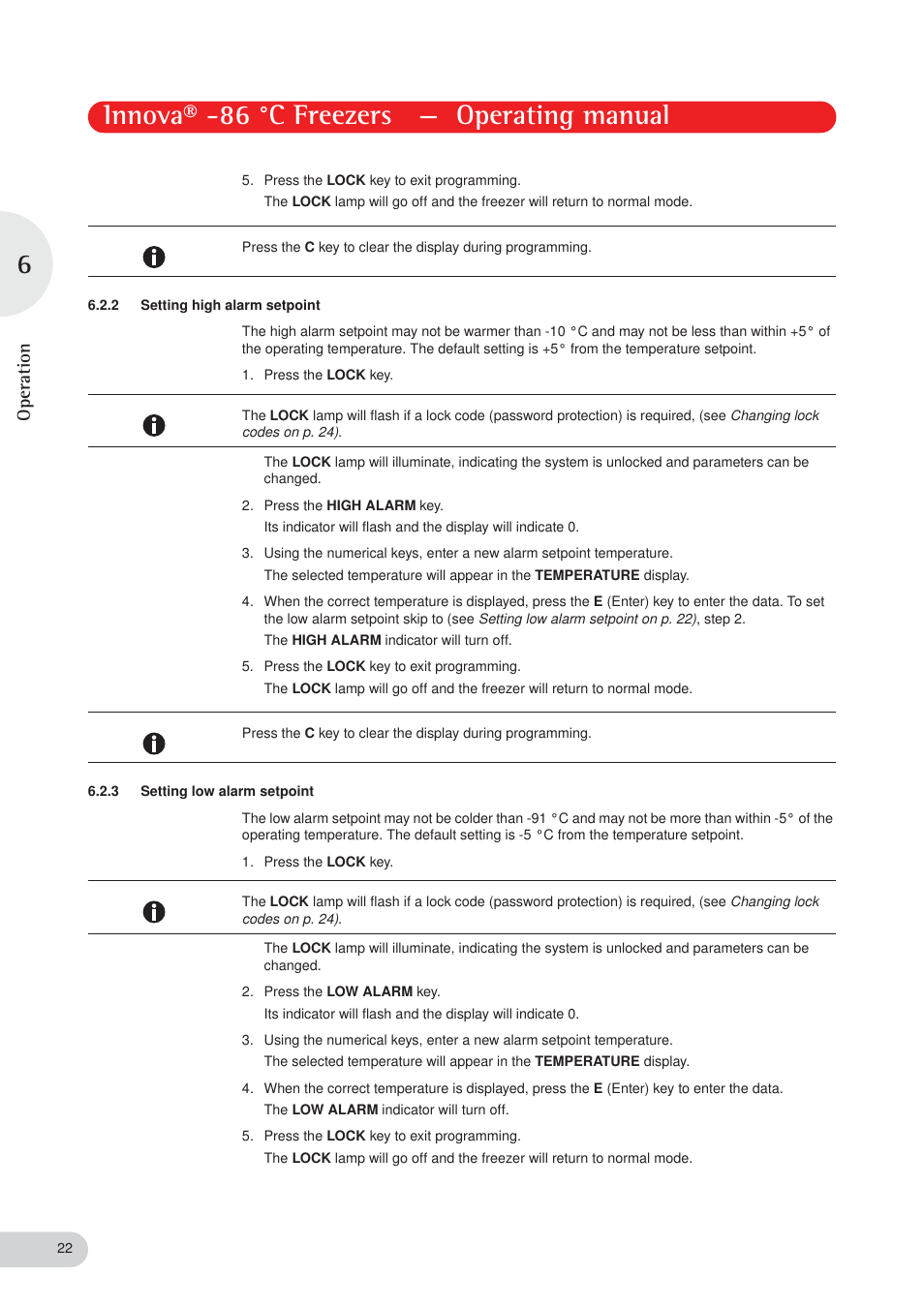 Innova® -86 °c freezers — operating manual, Operation | Eppendorf New Brunswick -86 °C Freezers Innova User Manual | Page 22 / 44