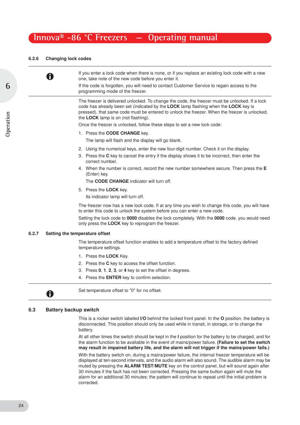 Innova® -86 °c freezers — operating manual, Operation | Eppendorf New Brunswick -86 °C Freezers Innova User Manual | Page 24 / 44