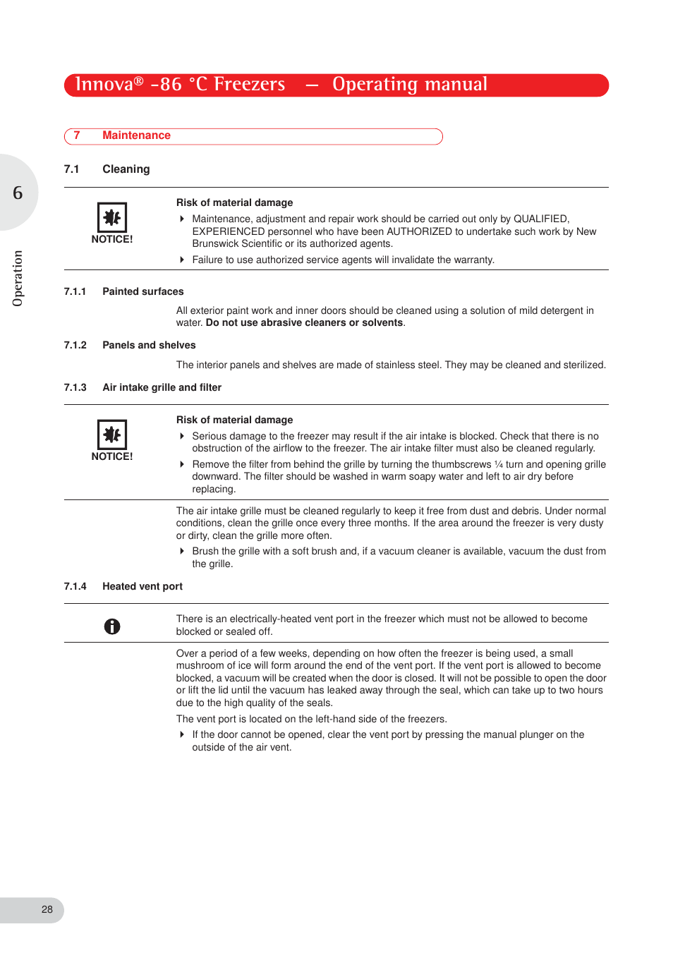 Innova® -86 °c freezers — operating manual, Operation | Eppendorf New Brunswick -86 °C Freezers Innova User Manual | Page 28 / 44