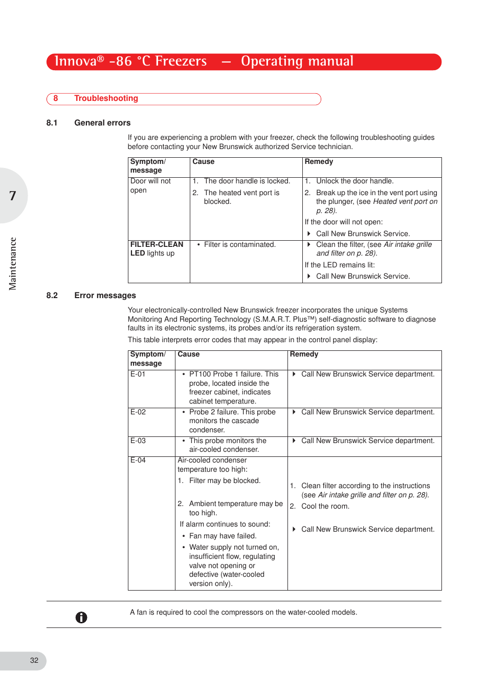 Innova® -86 °c freezers — operating manual, Maintenance | Eppendorf New Brunswick -86 °C Freezers Innova User Manual | Page 32 / 44