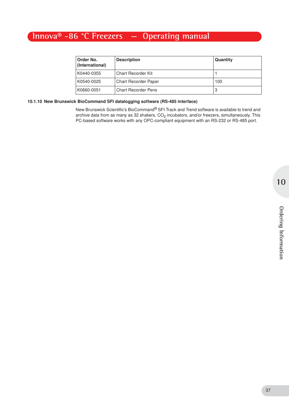 Innova® -86 °c freezers — operating manual, Ordering info rmation | Eppendorf New Brunswick -86 °C Freezers Innova User Manual | Page 37 / 44