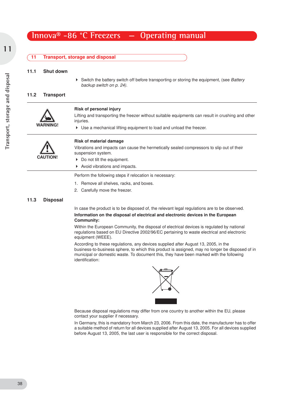 Innova® -86 °c freezers — operating manual, Transport, storage and disposal | Eppendorf New Brunswick -86 °C Freezers Innova User Manual | Page 38 / 44