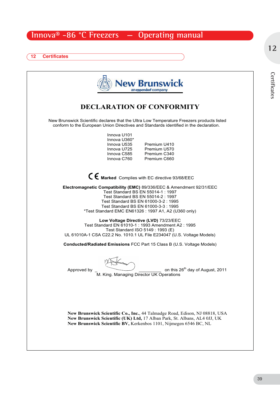 Innova® -86 °c freezers — operating manual, Declaration of conformity, Certificates | Eppendorf New Brunswick -86 °C Freezers Innova User Manual | Page 39 / 44