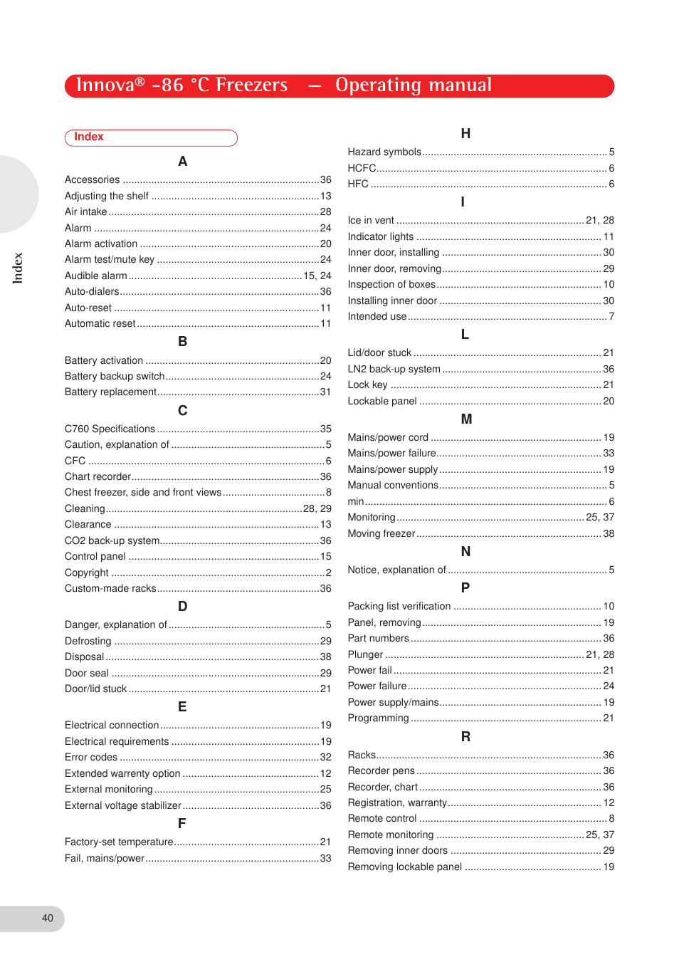 Innova® -86 °c freezers — operating manual, Index | Eppendorf New Brunswick -86 °C Freezers Innova User Manual | Page 40 / 44