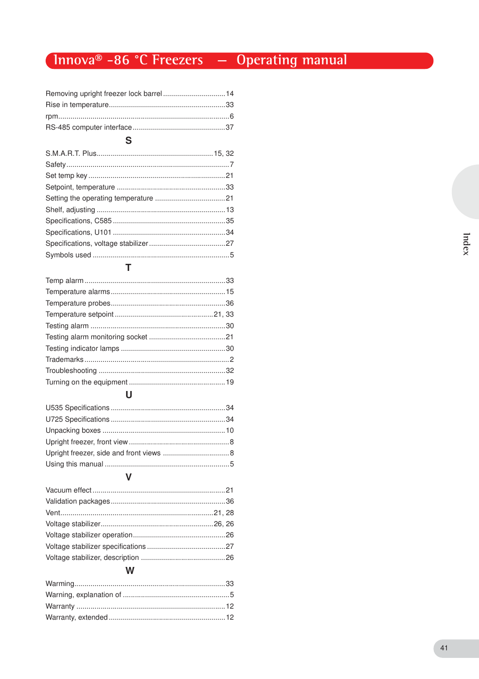 Innova® -86 °c freezers — operating manual, Index | Eppendorf New Brunswick -86 °C Freezers Innova User Manual | Page 41 / 44