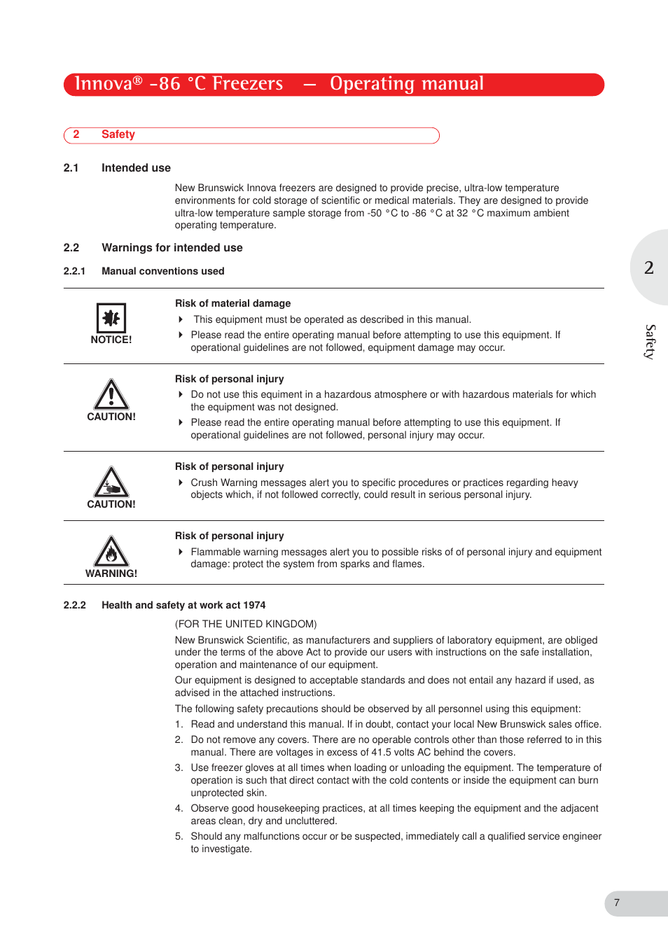 Innova® -86 °c freezers — operating manual, Safety | Eppendorf New Brunswick -86 °C Freezers Innova User Manual | Page 7 / 44