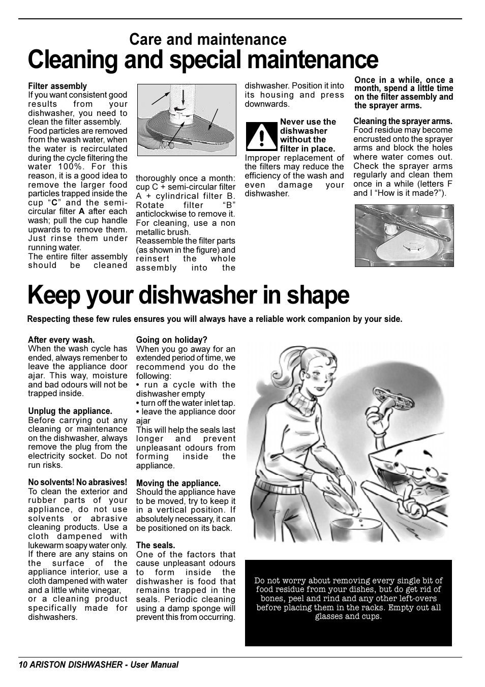 Keep your dishwasher in shape, Cleaning and special maintenance, Care and maintenance | Ariston LL 64 B-S-W User Manual | Page 12 / 36