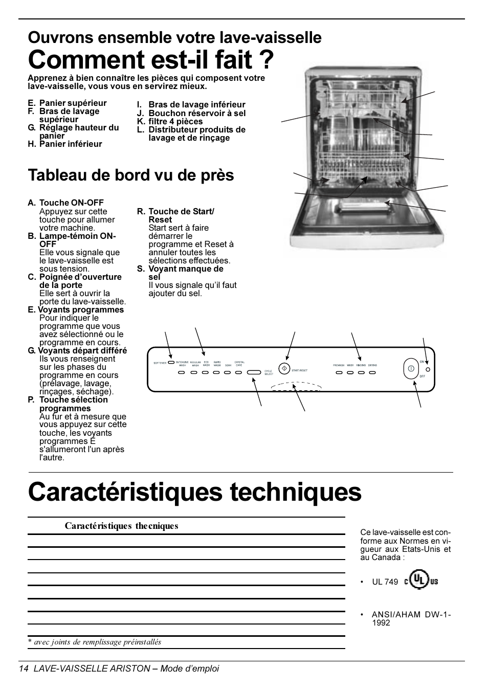 Comment est-il fait, Caractéristiques techniques, Tableau de bord vu de près | Ouvrons ensemble votre lave-vaisselle | Ariston LL 64 B-S-W User Manual | Page 16 / 36