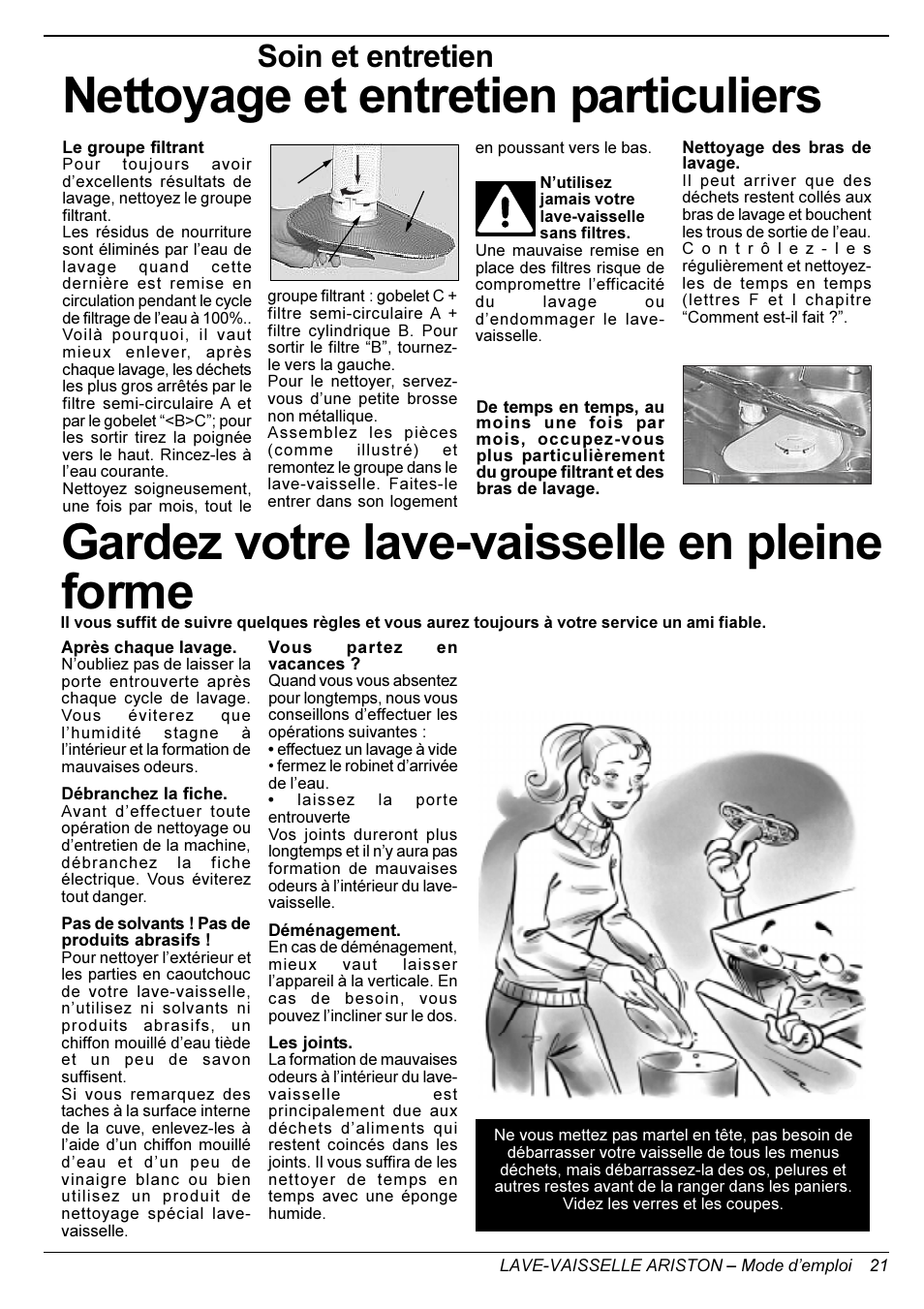 Gardez votre lave-vaisselle en pleine forme, Nettoyage et entretien particuliers, Soin et entretien | Ariston LL 64 B-S-W User Manual | Page 23 / 36