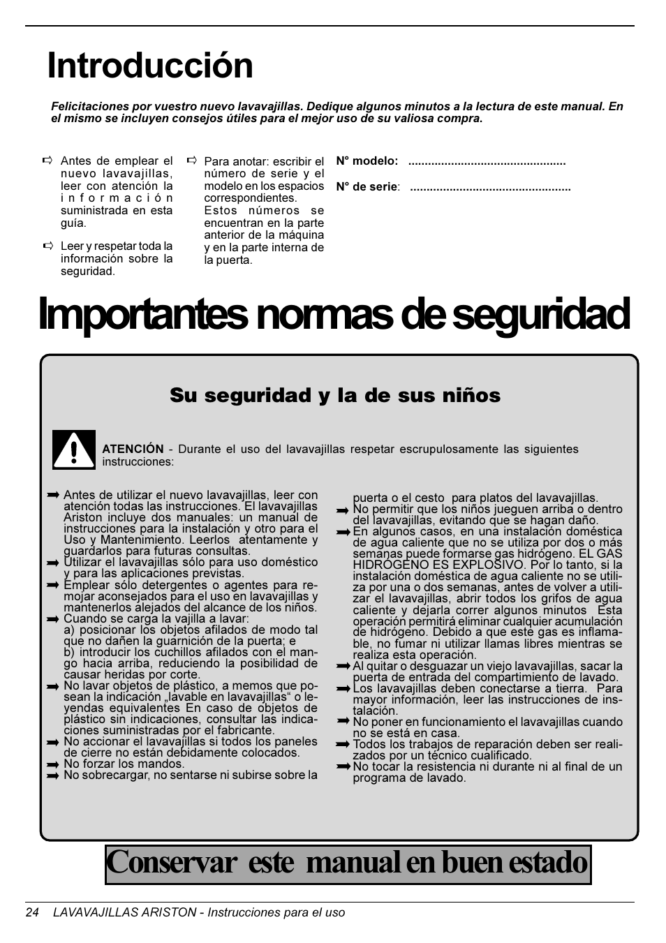 Importantes normas de seguridad, Introducción, Conservar este manual en buen estado | Su seguridad y la de sus niños | Ariston LL 64 B-S-W User Manual | Page 26 / 36