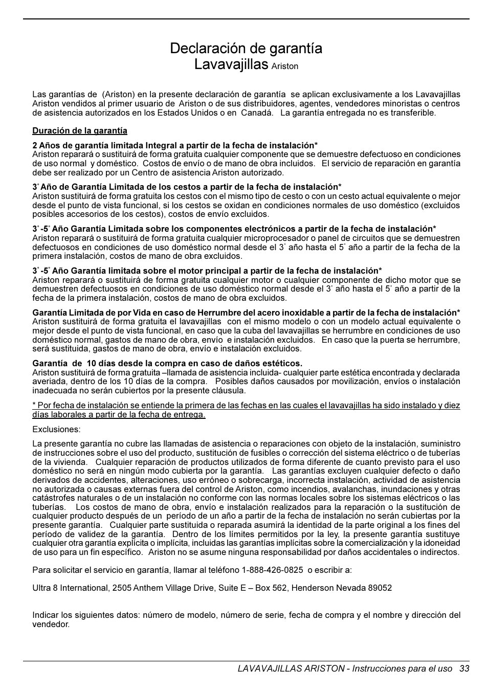 Declaración de garantía lavavajillas | Ariston LL 64 B-S-W User Manual | Page 35 / 36