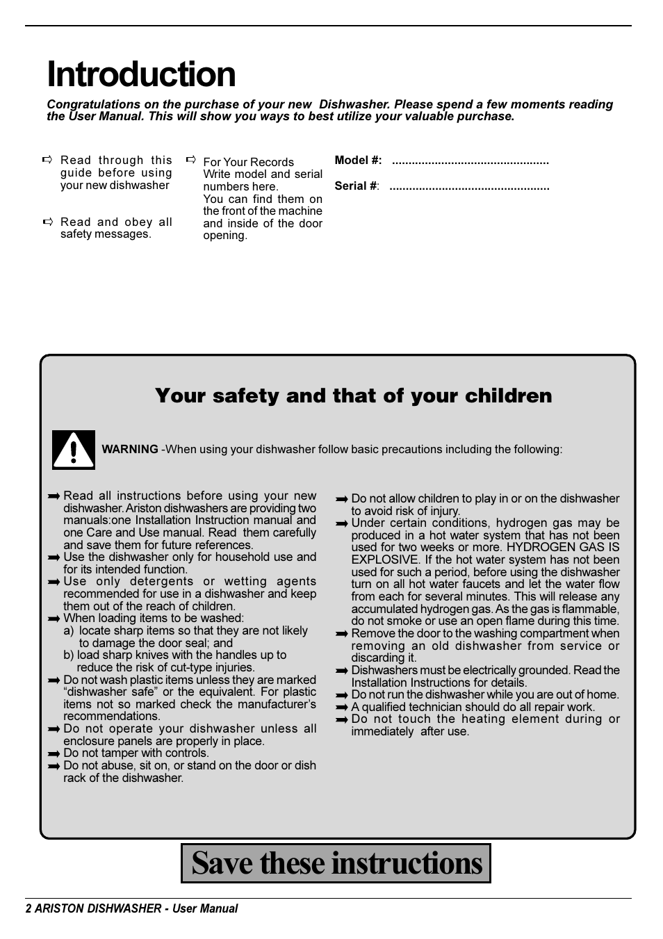 Important safety instructions, Introduction, Save these instructions | Your safety and that of your children | Ariston LL 64 B-S-W User Manual | Page 4 / 36