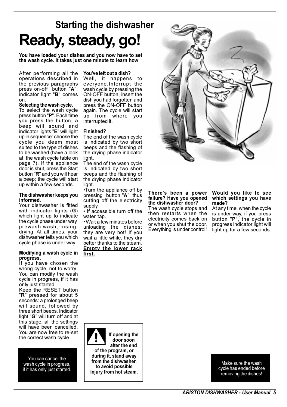 Ready, steady, go, Starting the dishwasher | Ariston LL 64 B-S-W User Manual | Page 7 / 36