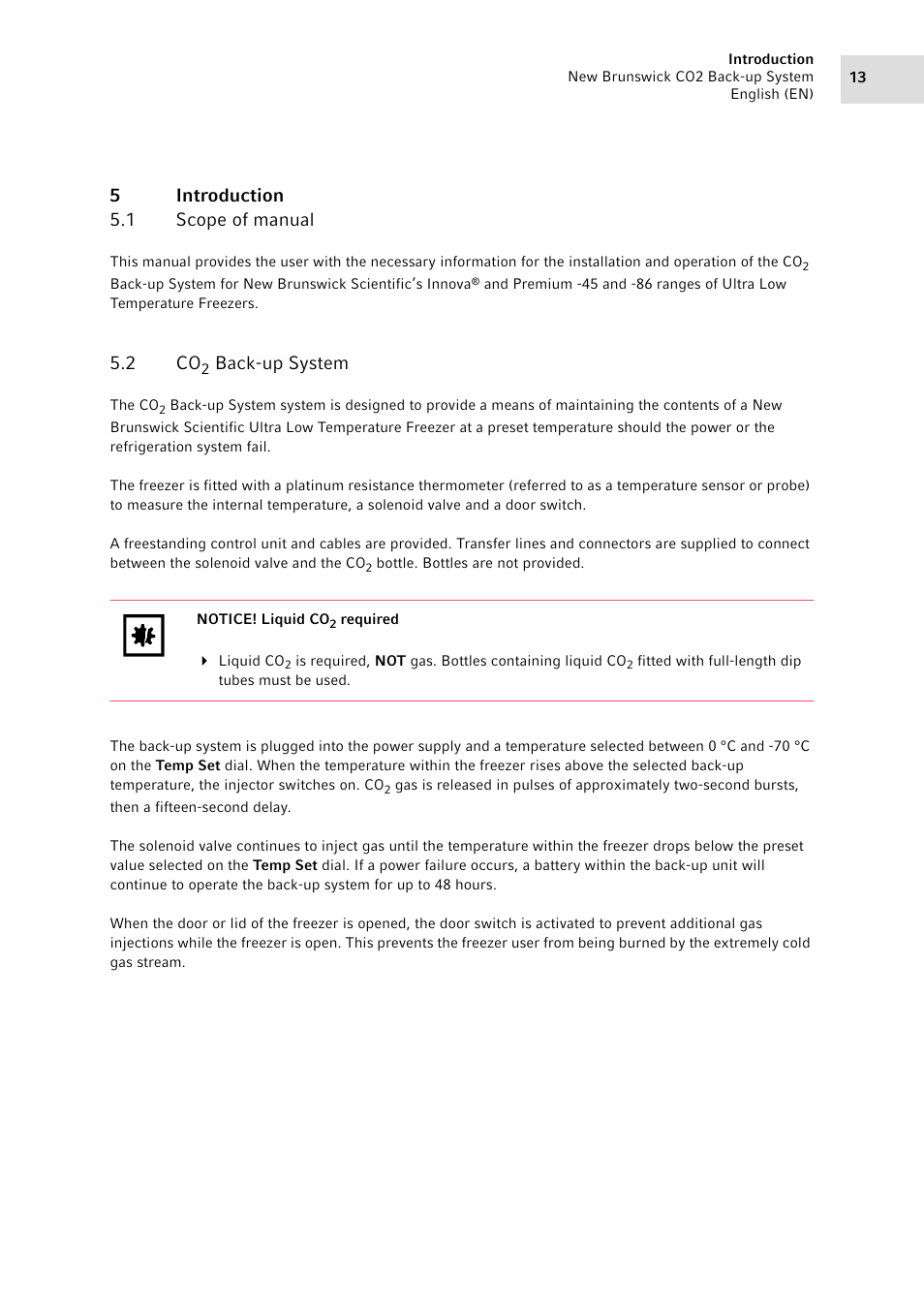5 introduction, 1 scope of manual, 2 co2 back-up system | Introduction 5.1, Scope of manual, Back-up system, 5introduction 5.1 scope of manual, 2 co | Eppendorf CO2 Back-up System User Manual | Page 13 / 40