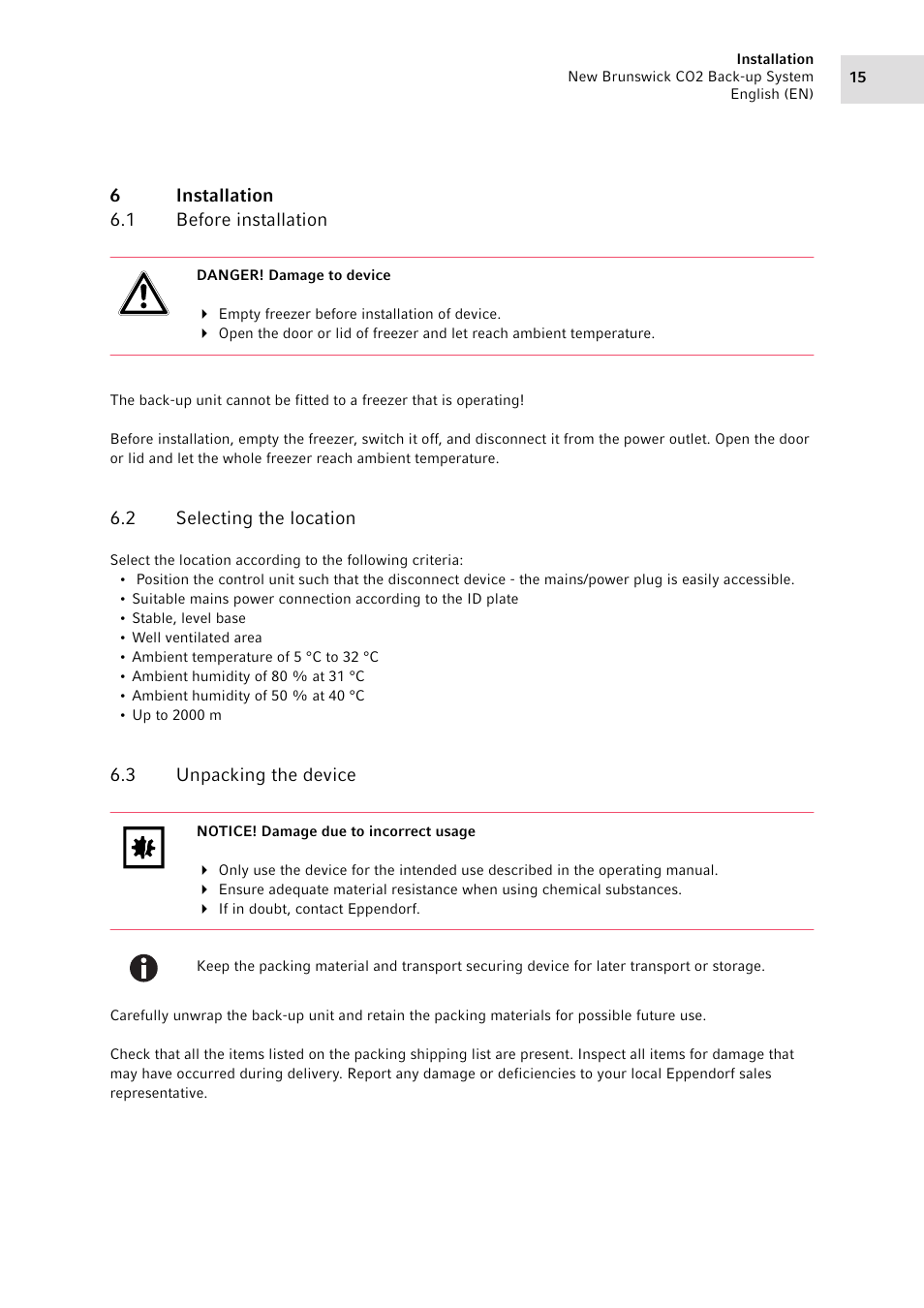 6 installation, 1 before installation, 2 selecting the location | 3 unpacking the device, Installation 6.1, Before installation, Selecting the location, Unpacking the device | Eppendorf CO2 Back-up System User Manual | Page 15 / 40