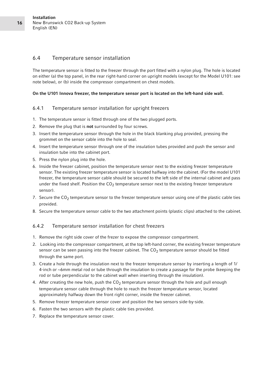 4 temperature sensor installation, Temperature sensor installation 6.4.1, Temperature sensor installation for chest freezers | Eppendorf CO2 Back-up System User Manual | Page 16 / 40