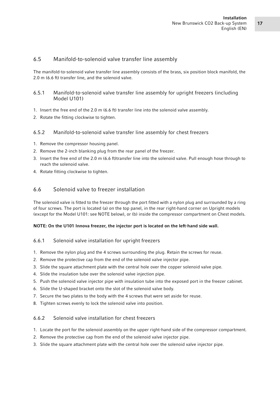 6 solenoid valve to freezer installation, 1 solenoid valve installation for upright freezers, 2 solenoid valve installation for chest freezers | Solenoid valve to freezer installation 6.6.1, Solenoid valve installation for upright freezers, Solenoid valve installation for chest freezers | Eppendorf CO2 Back-up System User Manual | Page 17 / 40