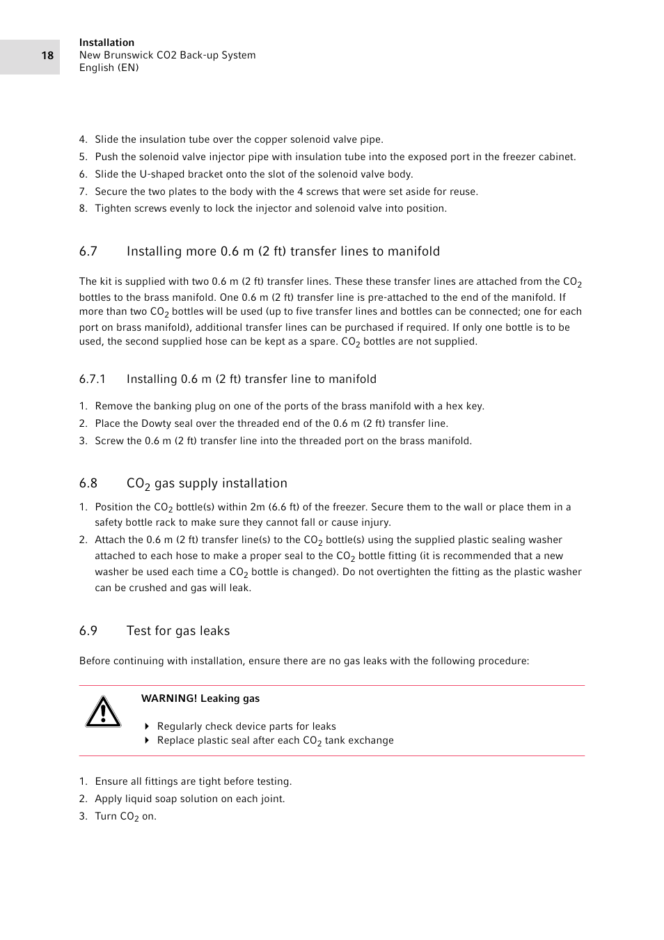 8 co2 gas supply installation, 9 test for gas leaks, Installing more 0.6 | Ft) transfer lines to manifold, Installing 0.6, Ft) transfer line to manifold, Gas supply installation, Test for gas leaks, 8 co | Eppendorf CO2 Back-up System User Manual | Page 18 / 40