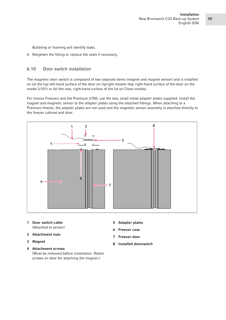 10 door switch installation, Door switch installation | Eppendorf CO2 Back-up System User Manual | Page 19 / 40