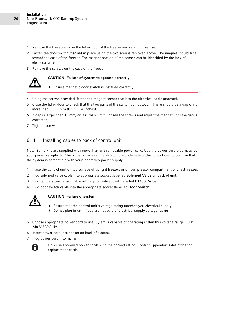 11 installing cables to back of control unit, Installing cables to back of control unit | Eppendorf CO2 Back-up System User Manual | Page 20 / 40