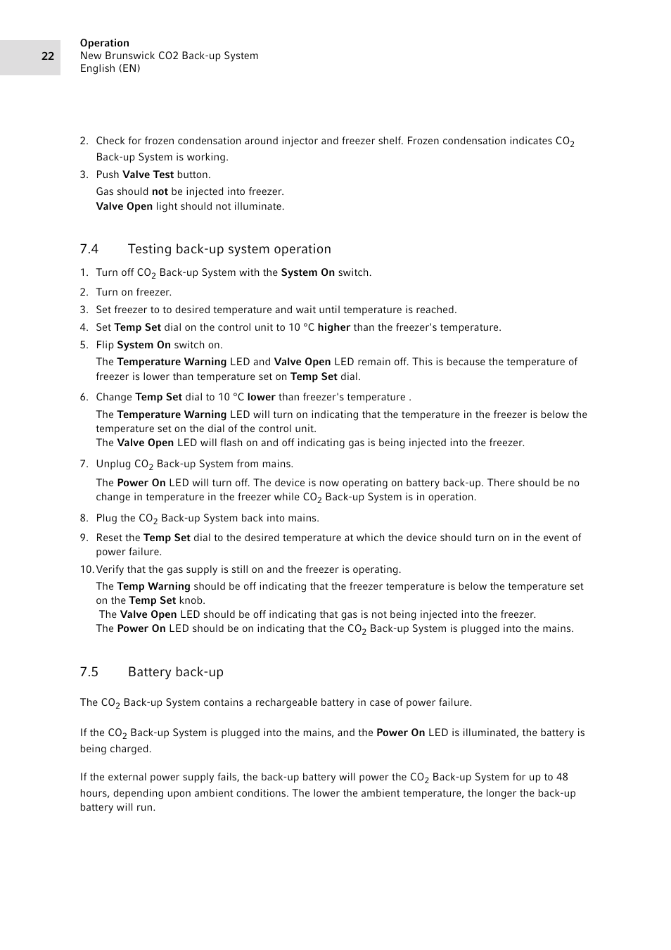 4 testing back-up system operation, 5 battery back-up, Testing back-up system operation | Battery back-up | Eppendorf CO2 Back-up System User Manual | Page 22 / 40