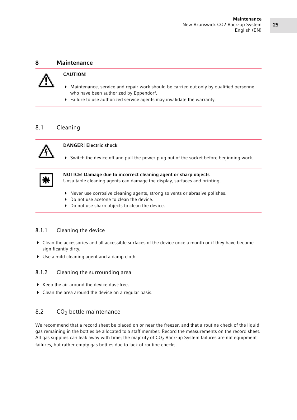 8 maintenance, 1 cleaning, 1 cleaning the device | 2 cleaning the surrounding area, 2 co2 bottle maintenance, Maintenance 8.1, Cleaning 8.1.1, Cleaning the device, Cleaning the surrounding area, Bottle maintenance | Eppendorf CO2 Back-up System User Manual | Page 25 / 40