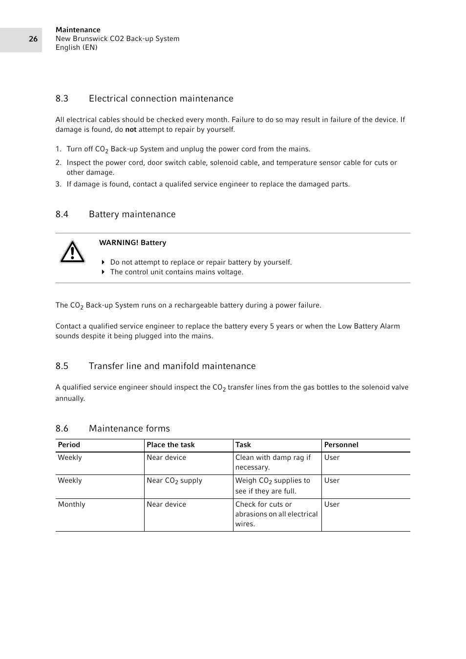 3 electrical connection maintenance, 4 battery maintenance, 5 transfer line and manifold maintenance | 6 maintenance forms, Electrical connection maintenance, Battery maintenance, Transfer line and manifold maintenance, Maintenance forms | Eppendorf CO2 Back-up System User Manual | Page 26 / 40