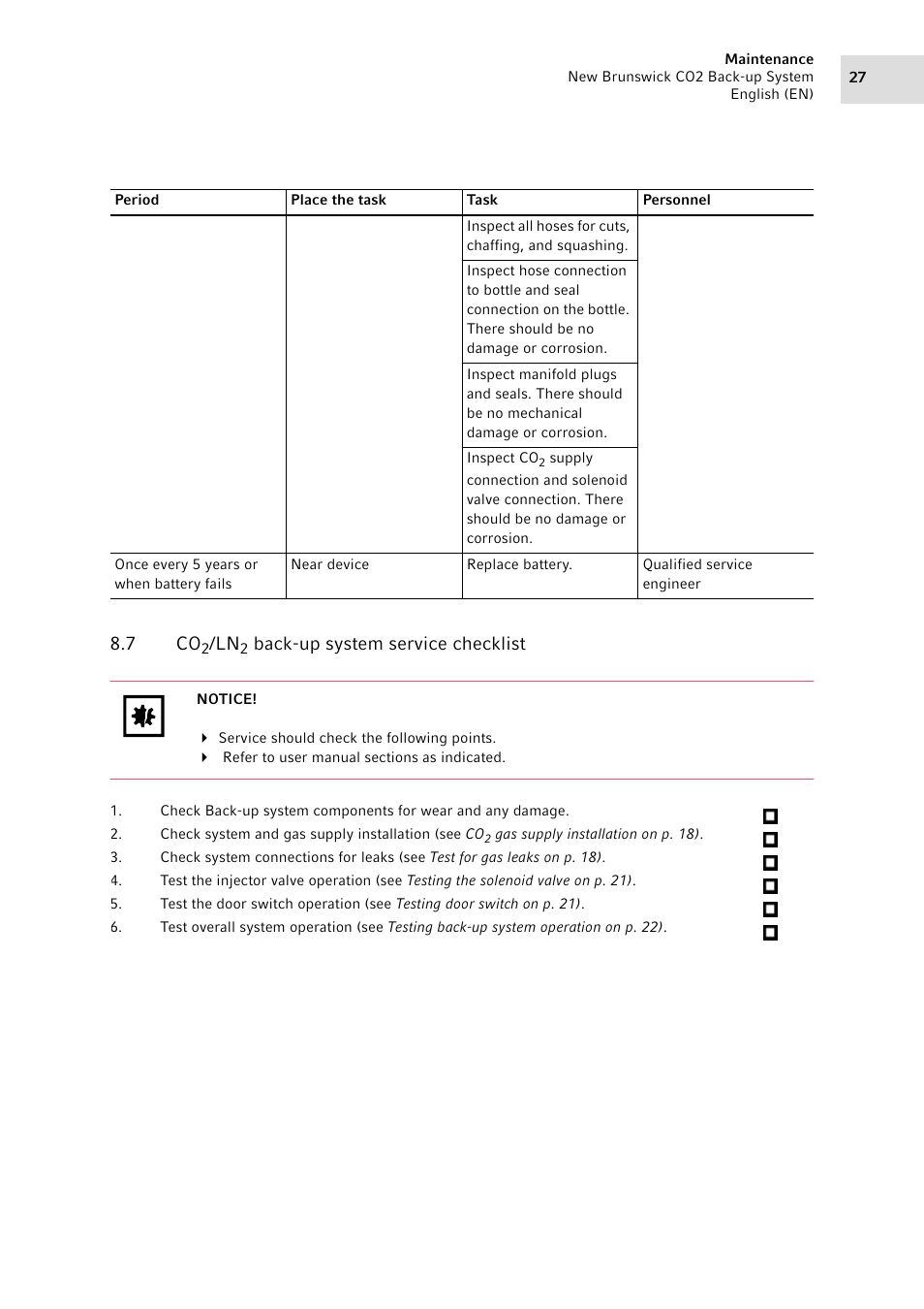 7 co2/ln2 back-up system service checklist, Back-up system service checklist, 7 co | Eppendorf CO2 Back-up System User Manual | Page 27 / 40