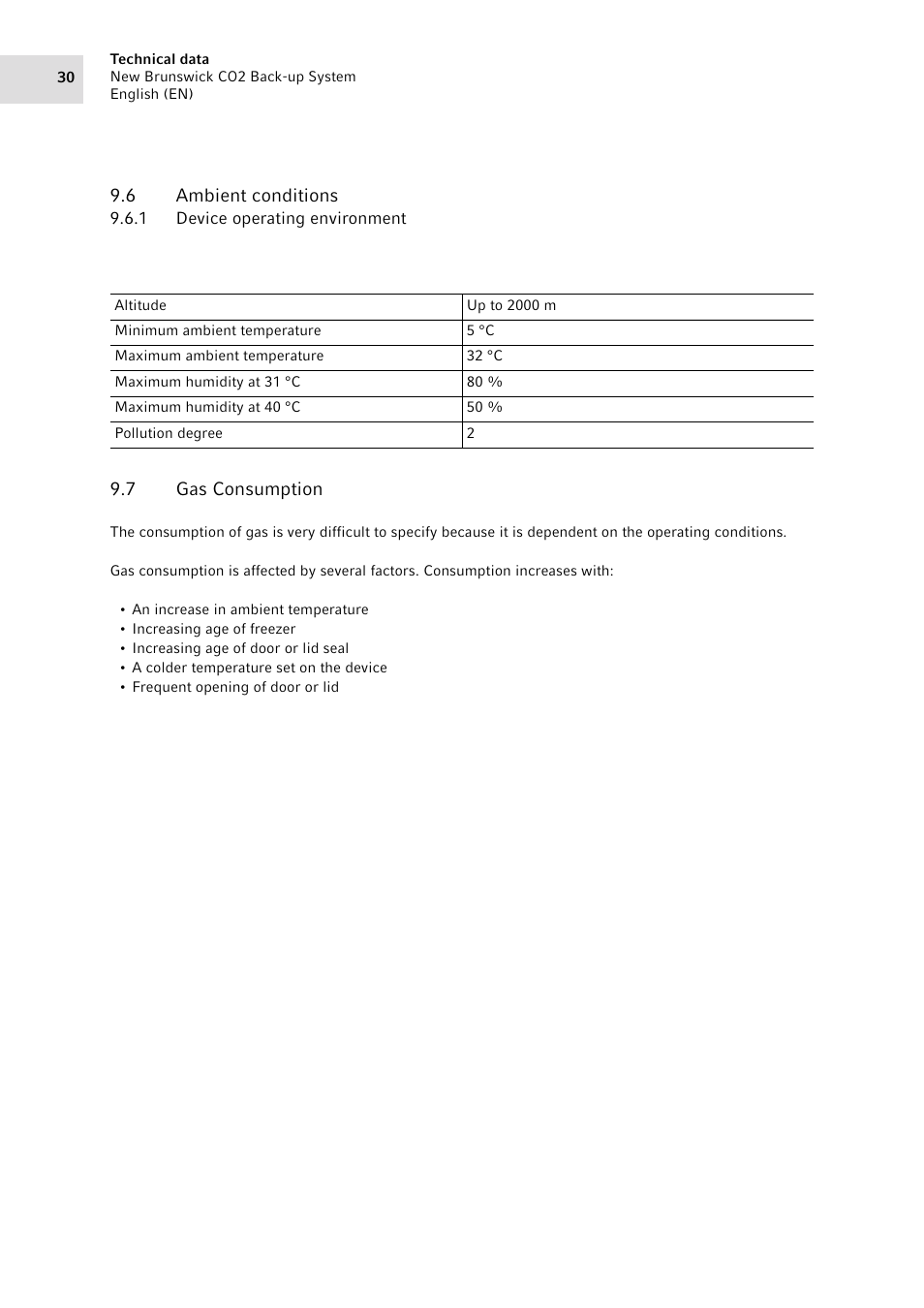 6 ambient conditions, 1 device operating environment, 7 gas consumption | Ambient conditions 9.6.1, Device operating environment, Gas consumption | Eppendorf CO2 Back-up System User Manual | Page 30 / 40