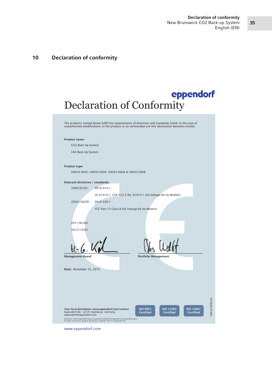 10 declaration of conformity, Declaration of conformity | Eppendorf CO2 Back-up System User Manual | Page 35 / 40