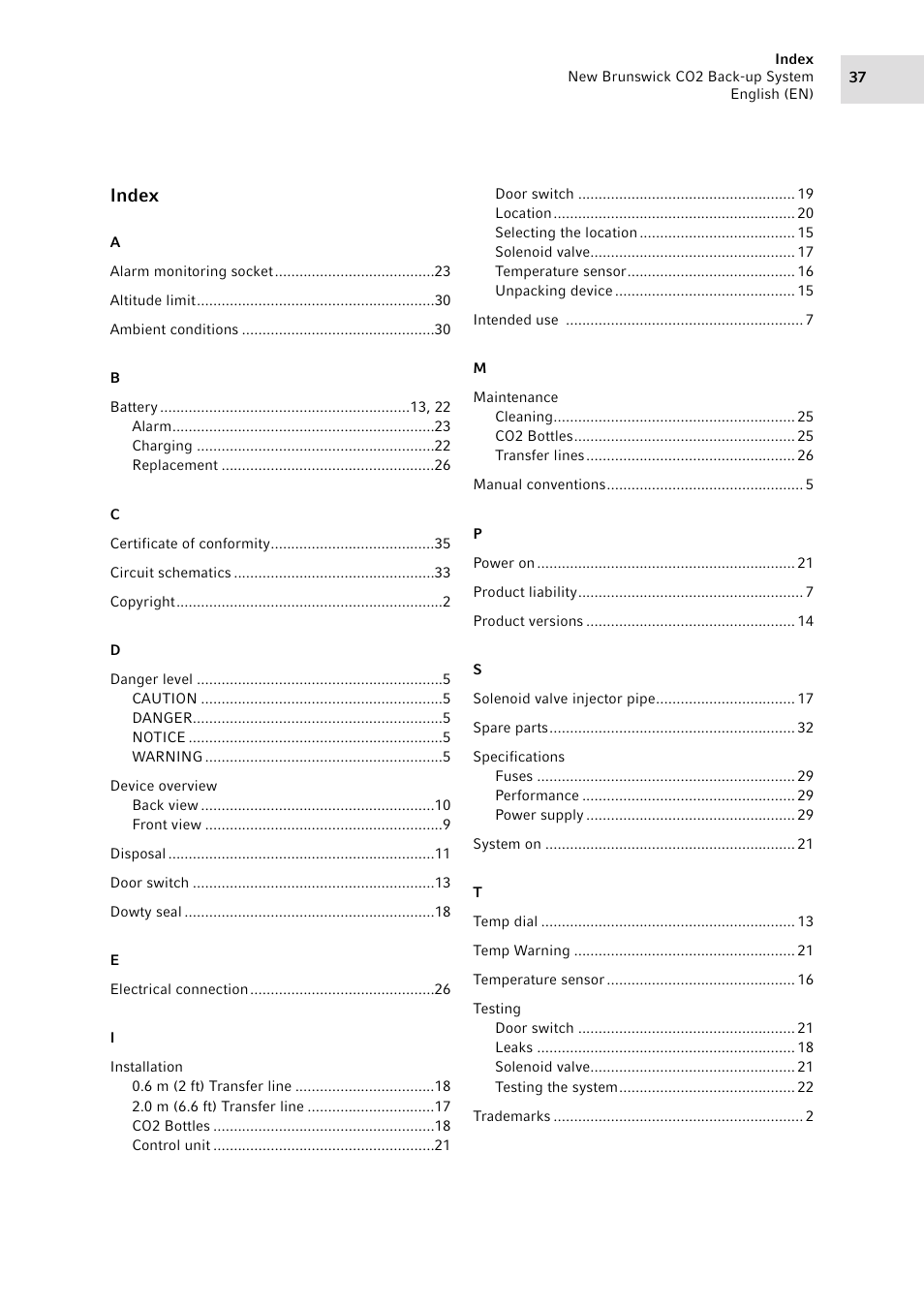 Index | Eppendorf CO2 Back-up System User Manual | Page 37 / 40