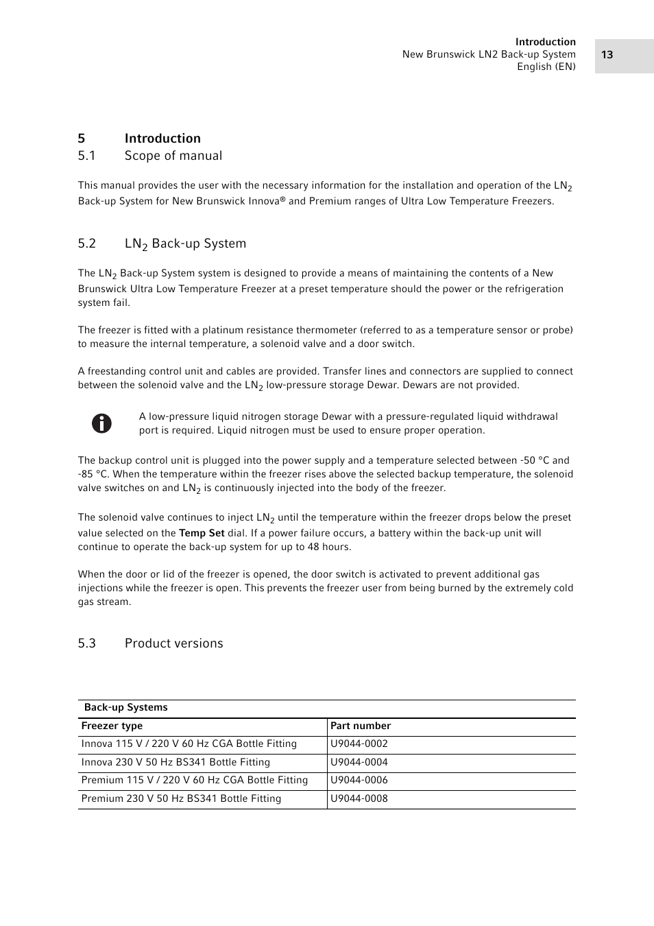 5 introduction, 1 scope of manual, 2 ln2 back-up system | 3 product versions, Introduction 5.1, Scope of manual, Back-up system, Product versions, 5introduction 5.1 scope of manual, 2 ln | Eppendorf LN2 Backup System User Manual | Page 13 / 40