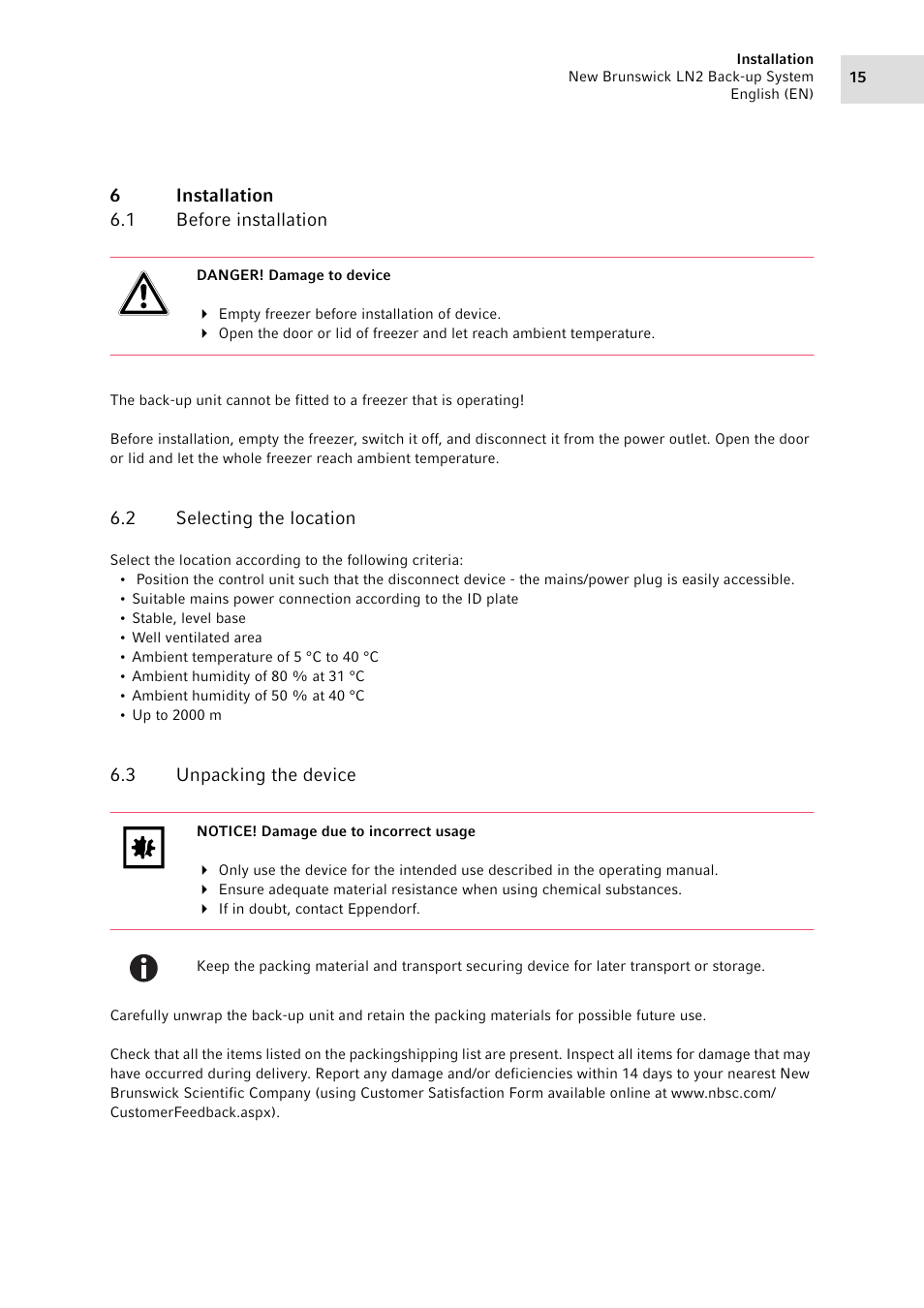 6 installation, 1 before installation, 2 selecting the location | 3 unpacking the device, Installation 6.1, Before installation, Selecting the location, Unpacking the device | Eppendorf LN2 Backup System User Manual | Page 15 / 40