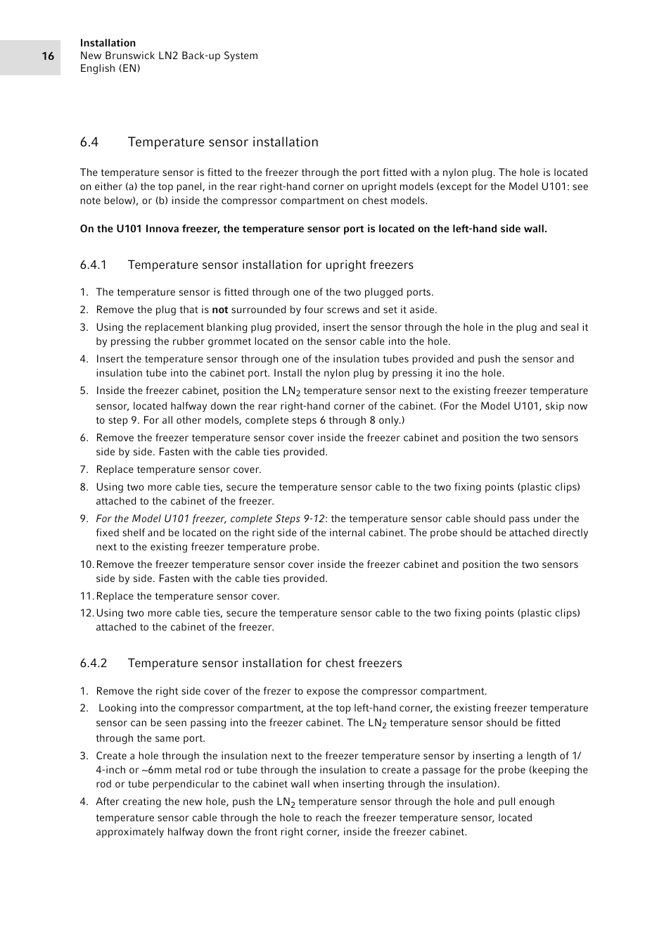 4 temperature sensor installation, Temperature sensor installation 6.4.1, Temperature sensor installation for chest freezers | Eppendorf LN2 Backup System User Manual | Page 16 / 40