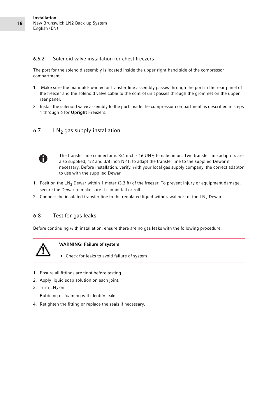 2 solenoid valve installation for chest freezers, 7 ln2 gas supply installation, 8 test for gas leaks | Solenoid valve installation for chest freezers, Gas supply installation, Test for gas leaks, 7 ln | Eppendorf LN2 Backup System User Manual | Page 18 / 40