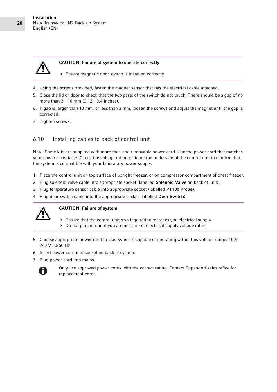 10 installing cables to back of control unit, Installing cables to back of control unit | Eppendorf LN2 Backup System User Manual | Page 20 / 40