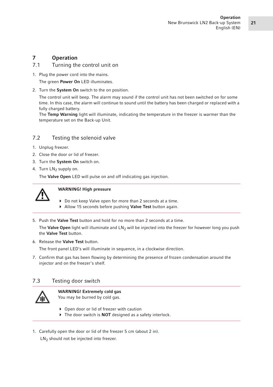 7 operation, 1 turning the control unit on, 2 testing the solenoid valve | 3 testing door switch, Operation 7.1, Turning the control unit on, Testing the solenoid valve, Testing door switch, 7operation 7.1 turning the control unit on | Eppendorf LN2 Backup System User Manual | Page 21 / 40