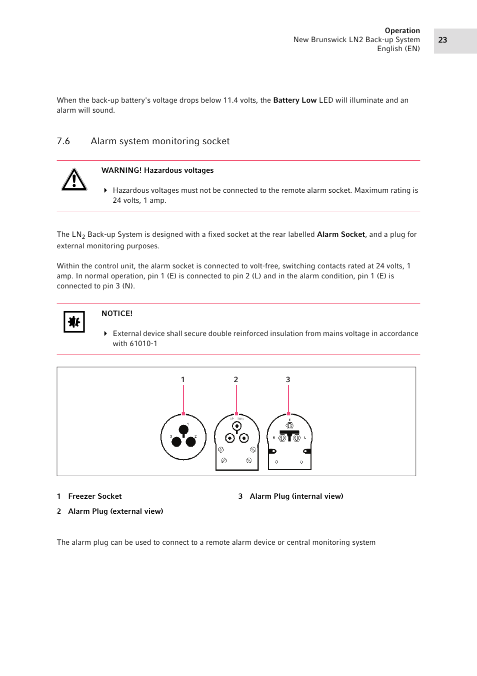 6 alarm system monitoring socket, Alarm system monitoring socket | Eppendorf LN2 Backup System User Manual | Page 23 / 40