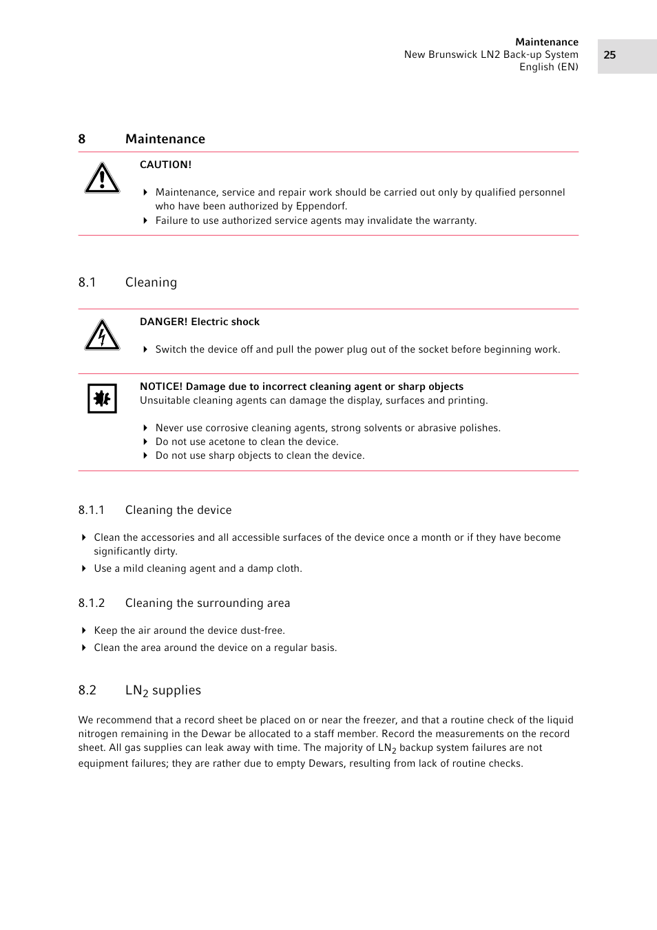 8 maintenance, 1 cleaning, 1 cleaning the device | 2 cleaning the surrounding area, 2 ln2 supplies, Maintenance 8.1, Cleaning 8.1.1, Cleaning the device, Cleaning the surrounding area, Supplies | Eppendorf LN2 Backup System User Manual | Page 25 / 40