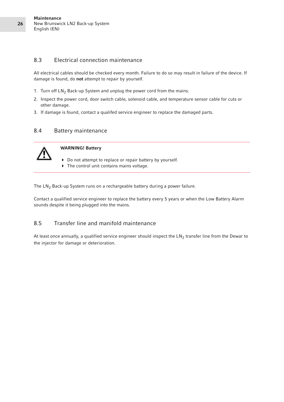 3 electrical connection maintenance, 4 battery maintenance, 5 transfer line and manifold maintenance | Electrical connection maintenance, Battery maintenance, Transfer line and manifold maintenance | Eppendorf LN2 Backup System User Manual | Page 26 / 40